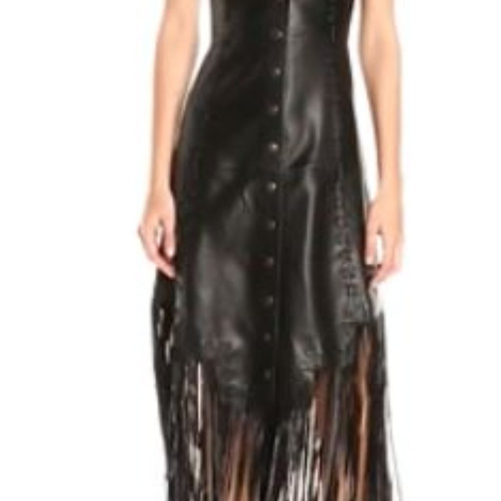 Haute Hippie Fringe Black Leather Slip Dress XS